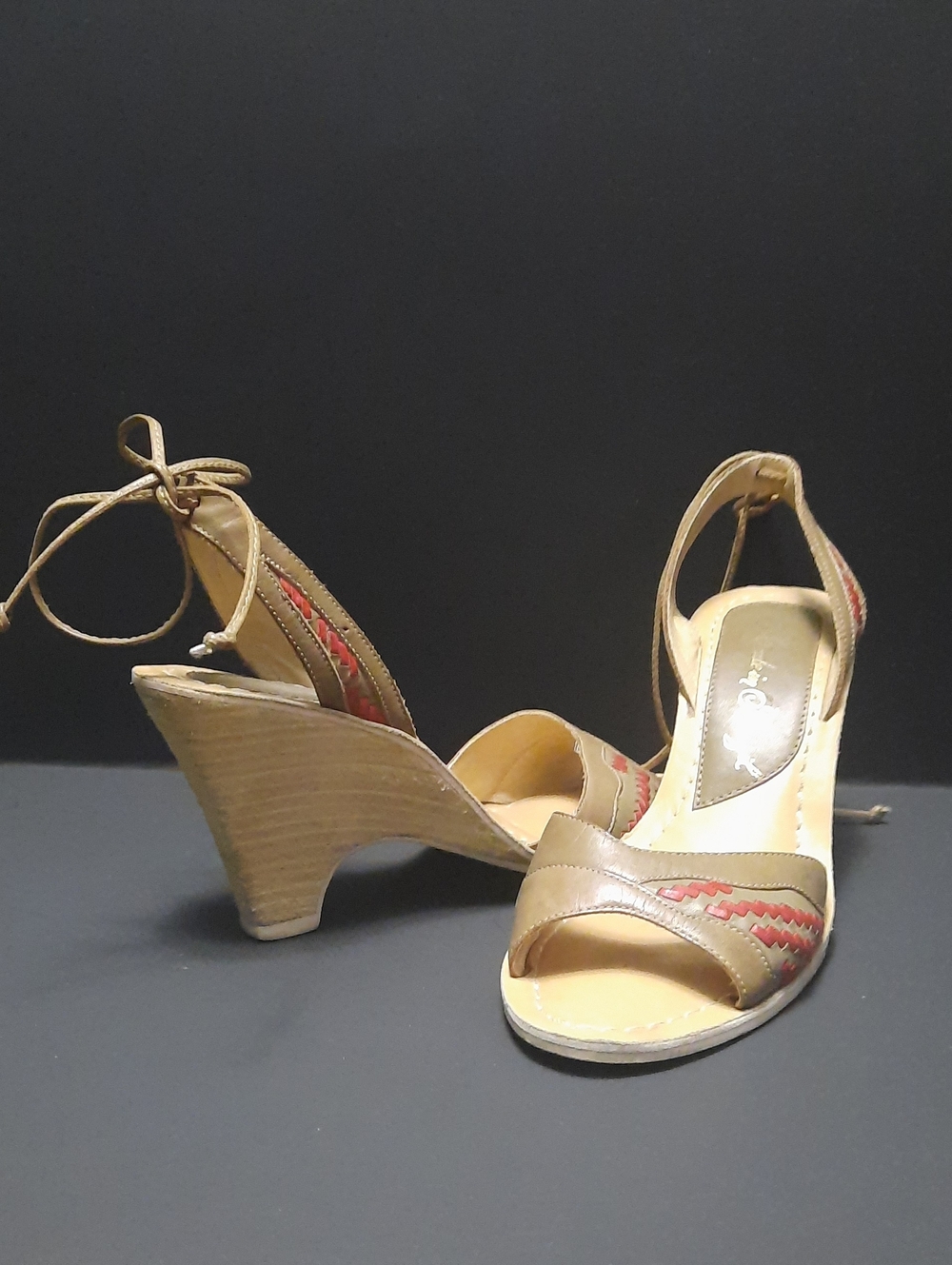 Wedge Sandal with Ankle Tie in Taupe and Red